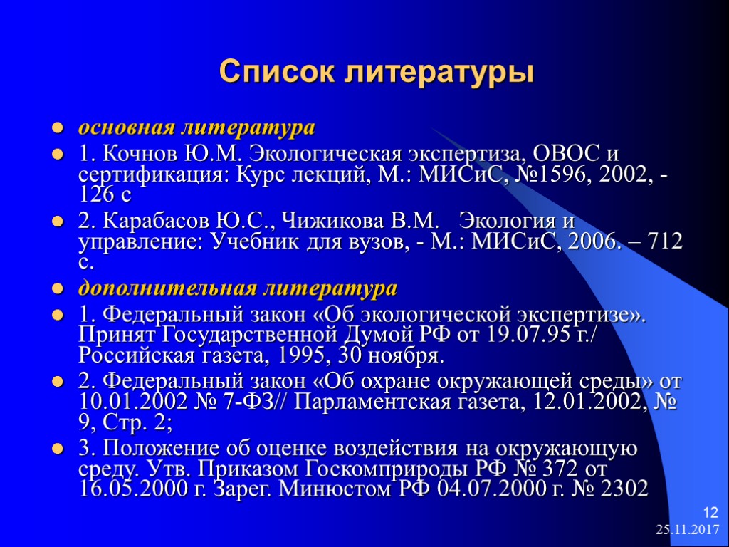 25.11.2017 12 Список литературы основная литература 1. Кочнов Ю.М. Экологическая экспертиза, ОВОС и сертификация: